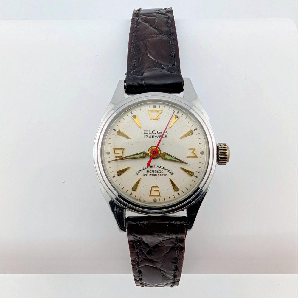 Vintage 1950s Eloga 17 Jewel Swiss Manual Wind Watch Incabloc Antimagnetic Lume